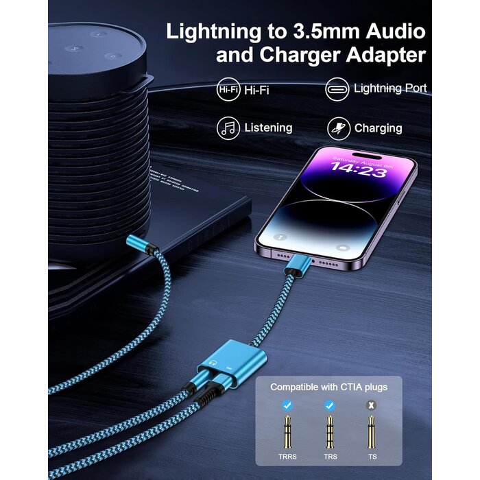 LGHT-AUX-CHRG - iPhone Headphone Adapter with Charge 2-in-1 Lightning to 3.5mm Female Aux Audio Jack Dual Converter Mfi Certified Apple Dongle Splitter + Charger Adaptor for iPhone 14 Pro Max 13 12 11 XR XS iPad Mini