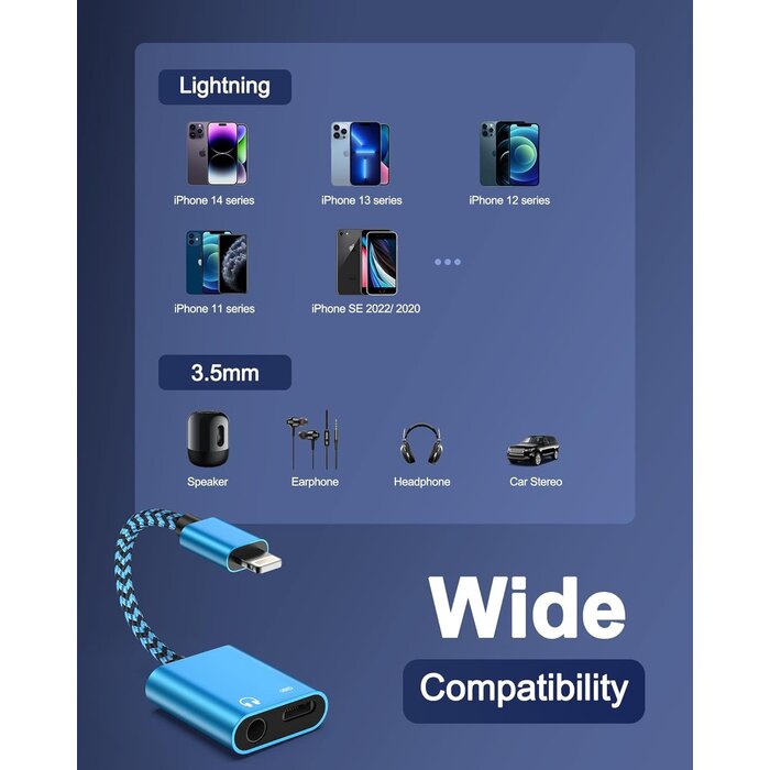 LIGHT-AUX-CHARGE - iPhone Headphone Adapter with Charge 2-in-1 Lightning to 3.5mm Female Aux Audio Jack Dual Converter Mfi Certified Apple Dongle Splitter + Charger Adaptor for iPhone 14 Pro Max 13 12 11 XR XS iPad Mini