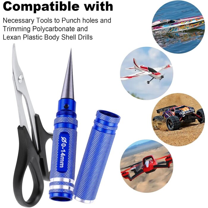 Body Reamer 0-14mm Hole Puncher w/Sleeve & Curved Scissors Set for RC Car Bodyshell Hobby Tools