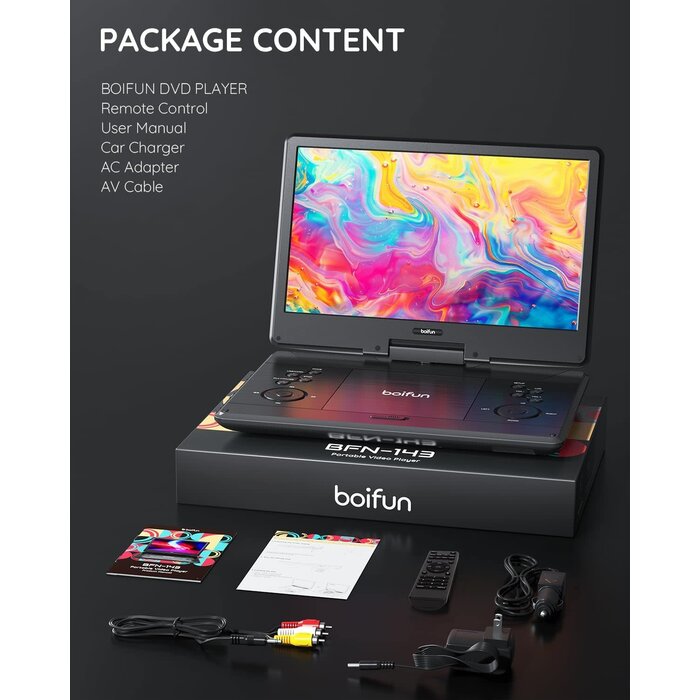 BOIFUN BFN-143 - BOIFUN 15.7" Portable DVD Player with 14.1" Large HD Screen, HDMI Input,5 Hours Rechargeable Battery, Support Sync TV, USB, SD Card and Multiple Disc Formats, Dual Speaker, Rich Matte Black