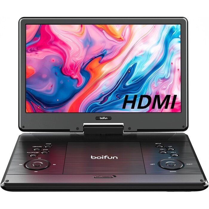 BOIFUN BFN-143 - BOIFUN 15.7" Portable DVD Player with 14.1" Large HD Screen, HDMI Input,5 Hours Rechargeable Battery, Support Sync TV, USB, SD Card and Multiple Disc Formats, Dual Speaker, Rich Matte Black