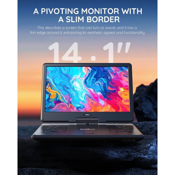 BOIFUN BFN-143 - BOIFUN 15.7" Portable DVD Player with 14.1" Large HD Screen, HDMI Input,5 Hours Rechargeable Battery, Support Sync TV, USB, SD Card and Multiple Disc Formats, Dual Speaker, Rich Matte Black