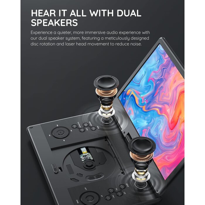 BOIFUN BFN-143 - BOIFUN 15.7" Portable DVD Player with 14.1" Large HD Screen, HDMI Input,5 Hours Rechargeable Battery, Support Sync TV, USB, SD Card and Multiple Disc Formats, Dual Speaker, Rich Matte Black