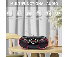 SBX030C-RD - SINGING WOOD 030C Portable CD Player Boombox with AM FM Stereo Radio, Aux Line in, Headphone Jack, Supported AC or Battery Powered (Black with a Touch of Red Rims)