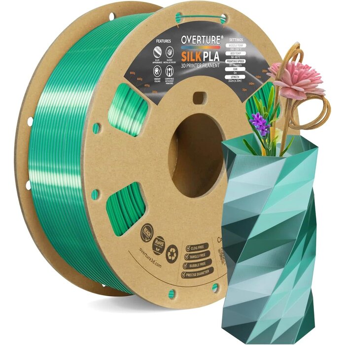 OVPLA-SILK-GRN-SLVR- OVERTURE Silk  Green Silver PLA Dual Color Filament 1.75mm, Bi-Color Shiny PLA Finish, Smooth & Glossy, 1kg Spool (2.2lbs), Ideal for Cosplay Jewelry & Home Decor (Silk Green-Silver)1kg