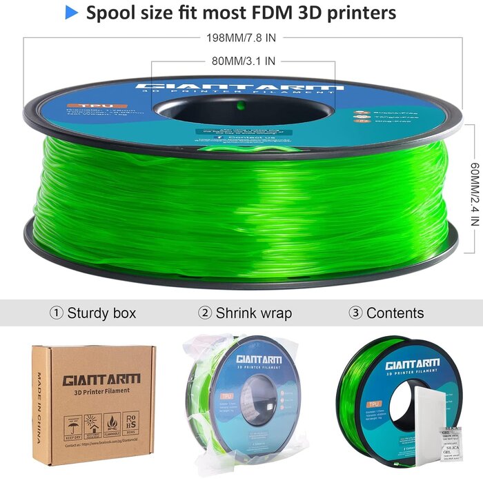 GIANTARM TPU-1150 - GIANTARM TPU Filament 1.75mm Flexible Soft 3D Printer Consumables Green, 95A 1kg Spool (2.2 lbs.), Dimensional Accuracy +/- 0.05 mm