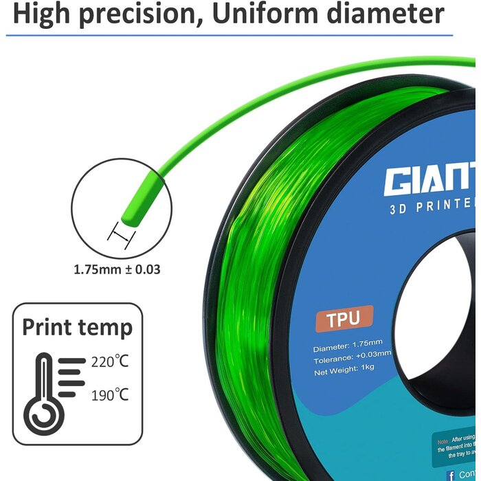 GIANTARM TPU-1150 - GIANTARM TPU Filament 1.75mm Flexible Soft 3D Printer Consumables Green, 95A 1kg Spool (2.2 lbs.), Dimensional Accuracy +/- 0.05 mm
