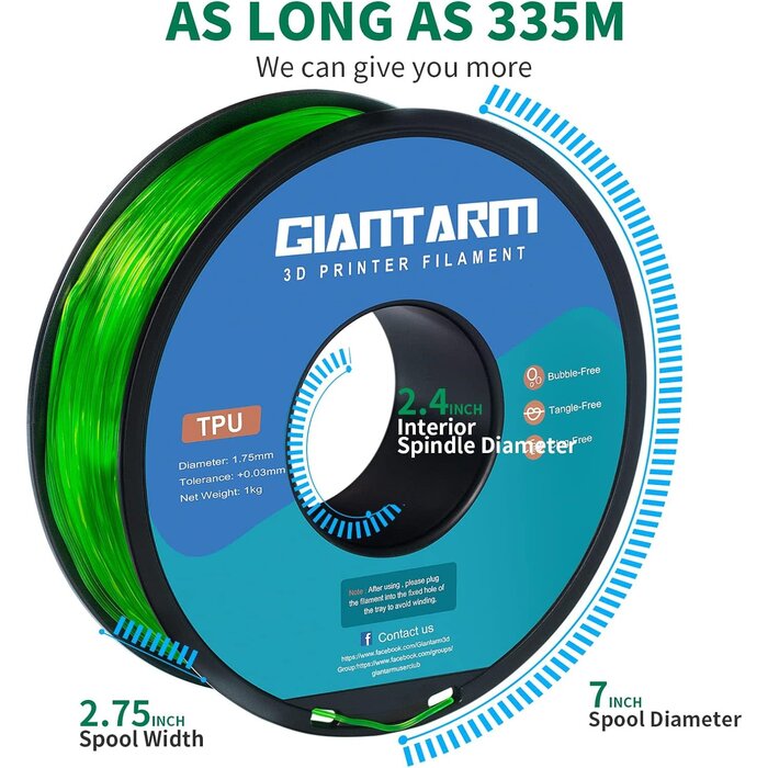 GIANTARM TPU-1150 - GIANTARM Green TPU 3D Filament, 1.75mm, 1kg Flexible Soft 3D Printer Consumables, 95A 1kg Spool (2.2 lbs.), Dimensional Accuracy +/- 0.05 mm