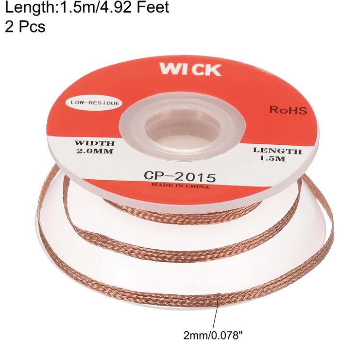 MECCANIXITY 2.0MM-WICK - MECCANIXITY 2.0MM Solder Wick Braid No-Clean Desoldering Wick Braid 0.08 Inch Width 5 Feet Length for Remove the Solder Electrical Components