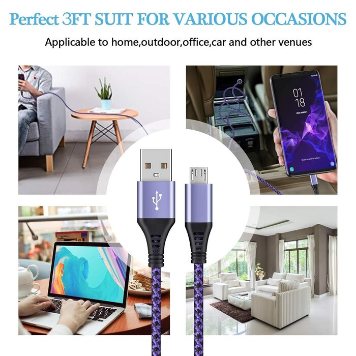 AilkinDirect MICRO-USB-3FT - AilkinDirect Micro USB Cable, 3ft Android USB Male to Micro B Charger Cord, Fast Charging Speed Data Wire Nylon Colored Braided Powerline Cable for Samsung Galaxy S7 S6 J7 J3 J8 A01 Kindle Fire Droid