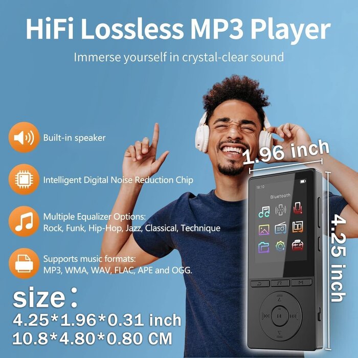 Music Player with Bluetooth 5.2, Built-in HD Speaker, FM Radio, Voice Recorder, Mini Design, Weigh 2.4 oz, HiFi Sound, Ideal for Sport, Earphones Included