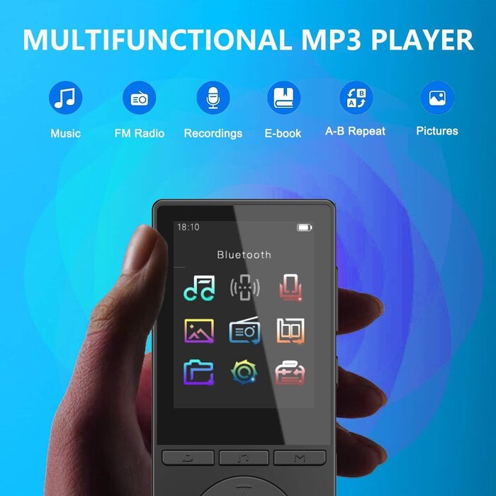 Music Player with Bluetooth 5.2, Built-in HD Speaker, FM Radio, Voice Recorder, Mini Design, Weigh 2.4 oz, HiFi Sound, Ideal for Sport, Earphones Included