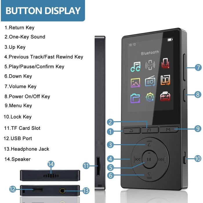 Music Player with Bluetooth 5.2, Built-in HD Speaker, FM Radio, Voice Recorder, Mini Design, Weigh 2.4 oz, HiFi Sound, Ideal for Sport, Earphones Included