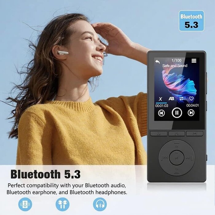 Music Player with Bluetooth 5.2, Built-in HD Speaker, FM Radio, Voice Recorder, Mini Design, Weigh 2.4 oz, HiFi Sound, Ideal for Sport, Earphones Included