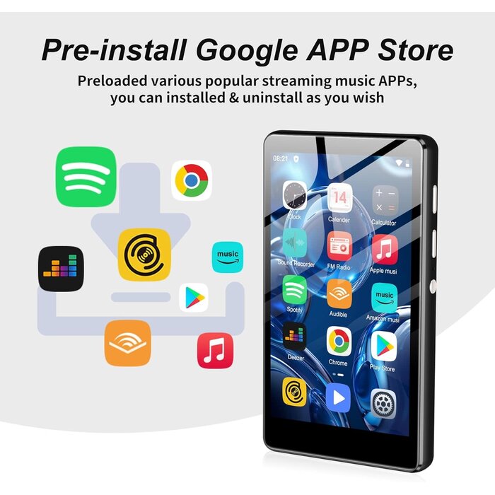 MP3 Player with Bluetooth and WiFi, 4.0" Full Touchscreen Mp4 Mp3 Player with Spotify, Audible, Amazon Music, Android Music Player with Speaker, FM Radio, E-Book, Up to 512 GB