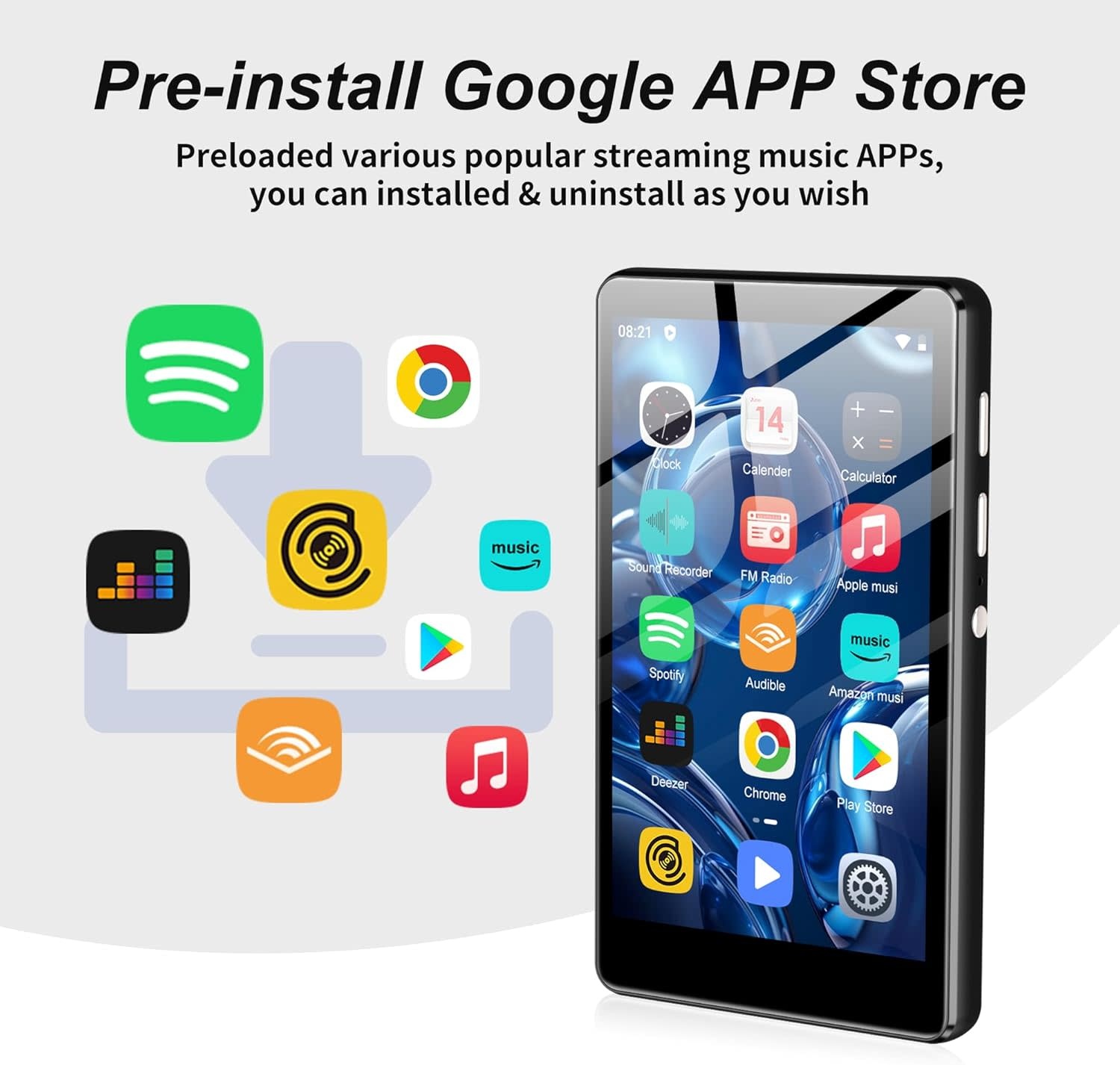 MP3 Player with Bluetooth and WiFi, 4.0" Full Touchscreen Mp4 Mp3 Player with Spotify, Audible, Amazon Music, Android Music Player with Speaker, FM Radio, E-Book, Up to 512 GB