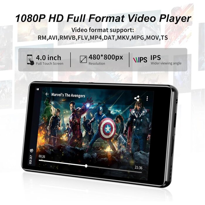 MP3 Player with Bluetooth and WiFi, 4.0" Full Touchscreen Mp4 Mp3 Player with Spotify, Audible, Amazon Music, Android Music Player with Speaker, FM Radio, E-Book, Up to 512 GB