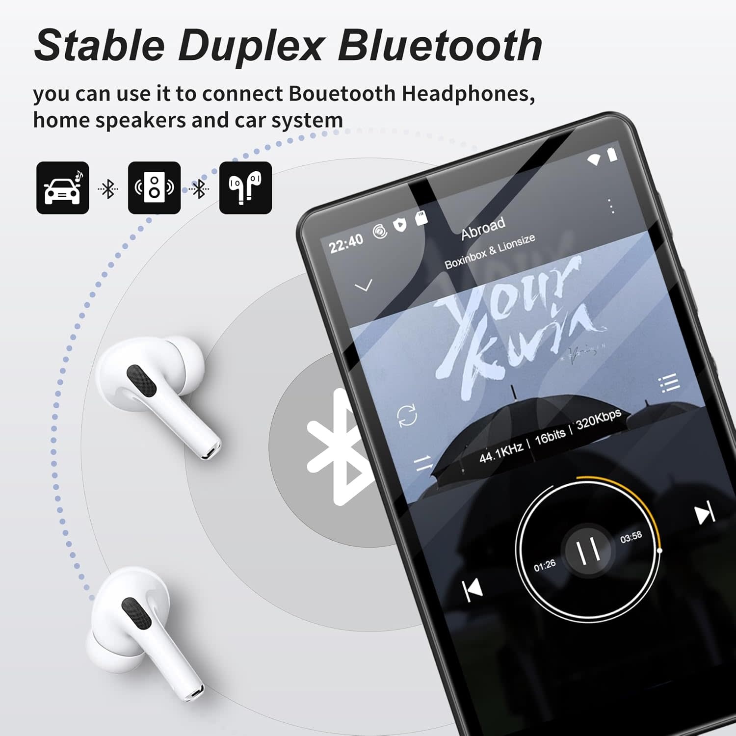 MP3 Player with Bluetooth and WiFi, 4.0" Full Touchscreen Mp4 Mp3 Player with Spotify, Audible, Amazon Music, Android Music Player with Speaker, FM Radio, E-Book, Up to 512 GB