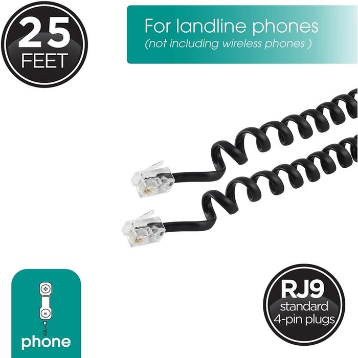 ‎B-625BLACK - Power Gear Coiled Telephone Cord, 4 Feet Coiled, 25 Feet Uncoiled, Phone Cord works with All Corded Landline Phones, For Use in Home or Office, Black, 76139