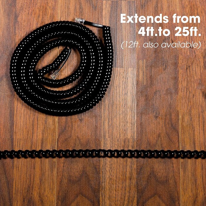 ‎B-625BLACK - Power Gear Coiled Telephone Cord, 4 Feet Coiled, 25 Feet Uncoiled, Phone Cord works with All Corded Landline Phones, For Use in Home or Office, Black, 76139