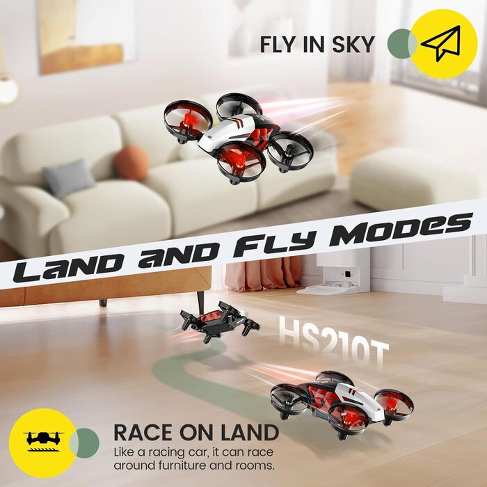 HS210T-RED - Holy Stone HS210T Drones for kids 8-12, 2 IN 1 kid drone with fly and land modes, Four Posture Deformations indoor mini Quadcopter, 8 LED lights, Auto Hovering, Red
