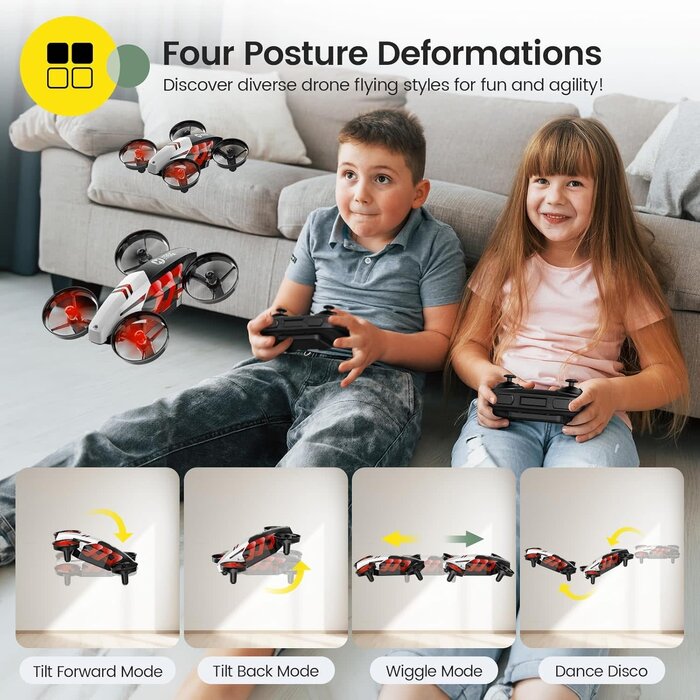 HS210T-RED - Holy Stone HS210T Drones for kids 8-12, 2 IN 1 kid drone with fly and land modes, Four Posture Deformations indoor mini Quadcopter, 8 LED lights, Auto Hovering, Red