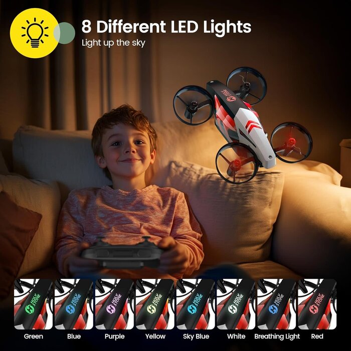 HS210T-RED - Holy Stone HS210T Drones for kids 8-12, 2 IN 1 kid drone with fly and land modes, Four Posture Deformations indoor mini Quadcopter, 8 LED lights, Auto Hovering, Red