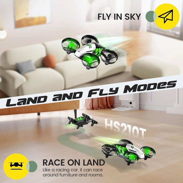 HS210T-GRN - Holy Stone HS210T Drones for kids 8-12, 2 IN 1 kid drone with fly and land modes, Four Posture Deformations indoor mini Quadcopter, 8 LED lights, Auto Hovering, Green