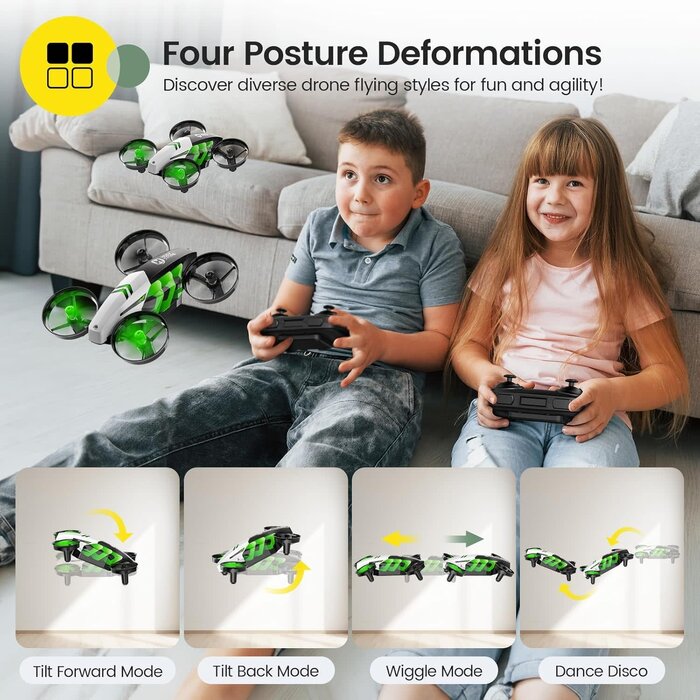 HS210T-GRN - Holy Stone HS210T Drones for kids 8-12, 2 IN 1 kid drone with fly and land modes, Four Posture Deformations indoor mini Quadcopter, 8 LED lights, Auto Hovering, Green