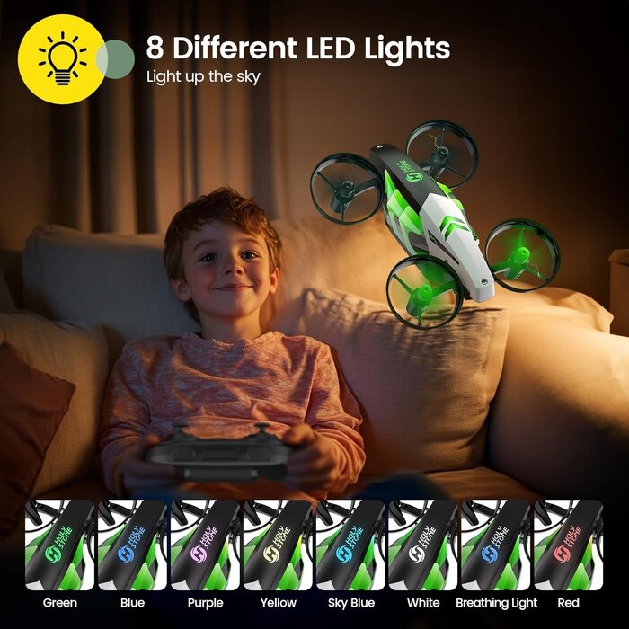 HS210T-GRN - Holy Stone HS210T Drones for kids 8-12, 2 IN 1 kid drone with fly and land modes, Four Posture Deformations indoor mini Quadcopter, 8 LED lights, Auto Hovering, Green