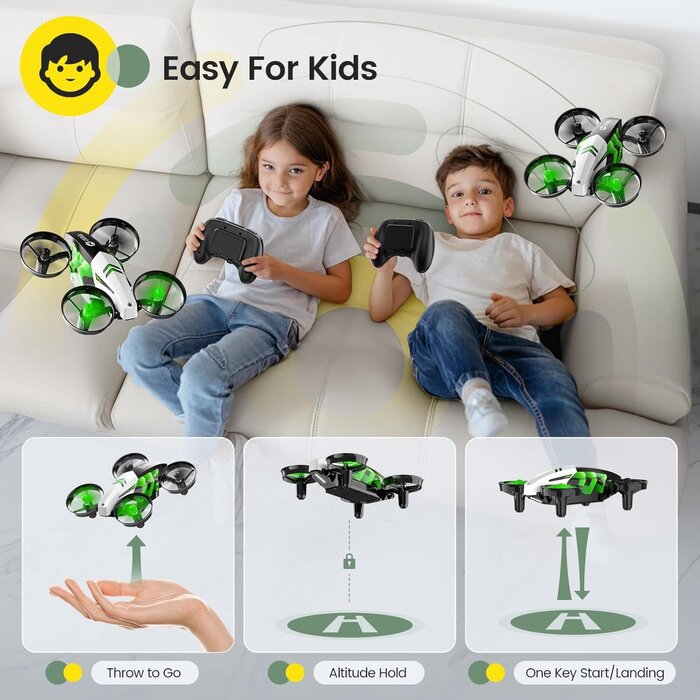HS210T-GRN - Holy Stone HS210T Drones for kids 8-12, 2 IN 1 kid drone with fly and land modes, Four Posture Deformations indoor mini Quadcopter, 8 LED lights, Auto Hovering, Green