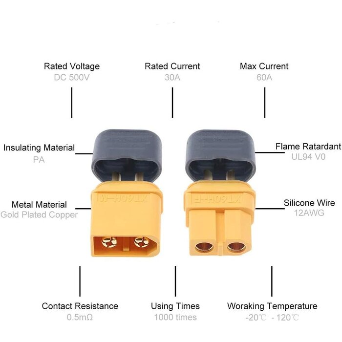 XT60H-PAIR - FymuSing XT60H Male/Female Pair Bullet Connectors Power Plugs with Sheath for Lipo Battery RC Planes Cars