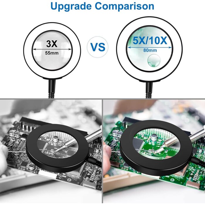 LED 3X Magnifier, Flexible Gooseneck Magnifier Lamp Strong Magnet Base, Can Be Positioned to Hold The Magnifier Where You Want Hands Free