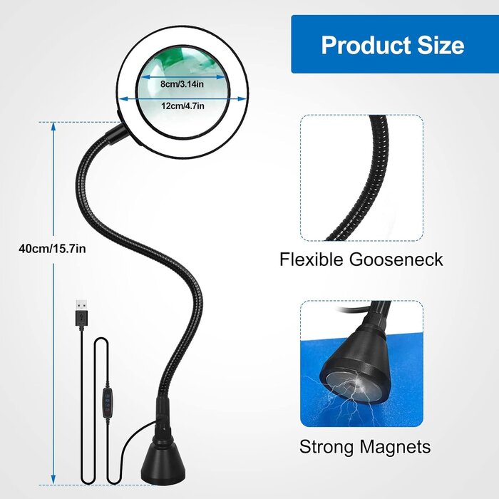 LED 3X Magnifier, Flexible Gooseneck Magnifier Lamp Strong Magnet Base, Can Be Positioned to Hold The Magnifier Where You Want Hands Free