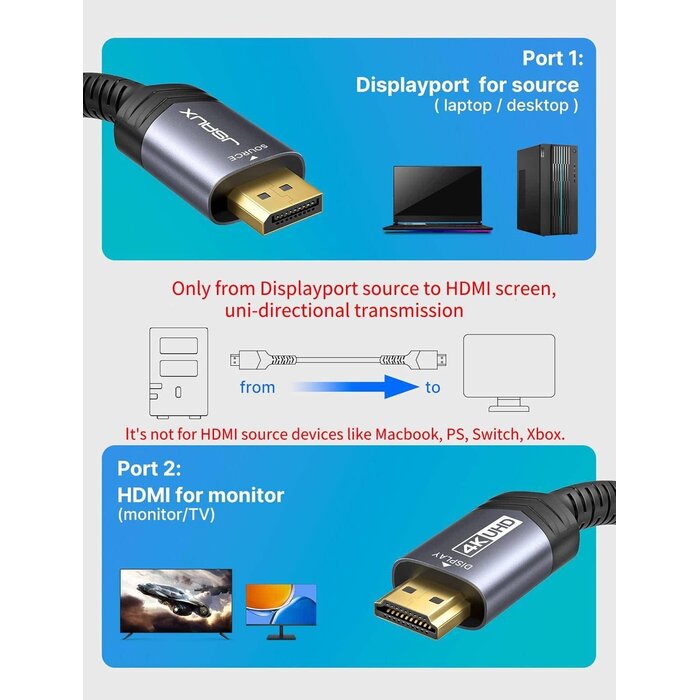 DP2HDMI-10FT - JSAUX 4K DisplayPort to HDMI Cable Adapter 10FT, DP to HDMI Male Video UHD 4K@30Hz/2K@60/1080P@120 Nylon DP to HDTV Uni-Directional Cord for Dell, Projector, Desktop, AMD, NVIDIA, Lenovo, HP, ThinkPad