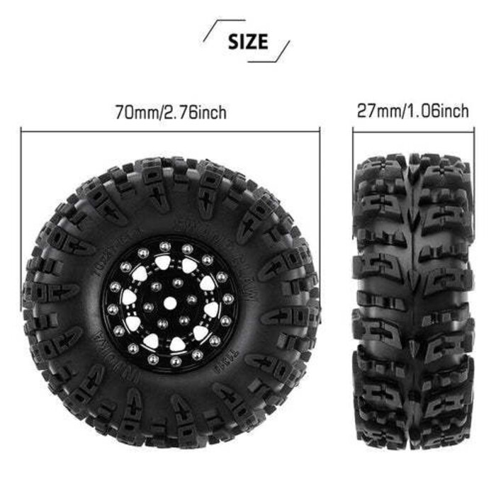 INJORA YQW-1305BK-1319_A - INJORA 1.3" 70x27mm Aluminum Wheels with Swamp Claw Tires for 1/18 1/24 RC Crawlers