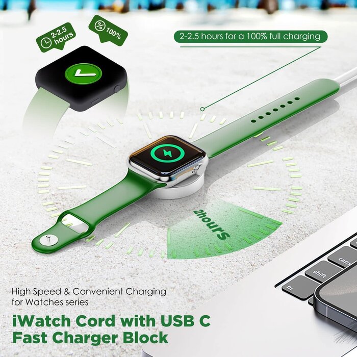 iW-3FT-W - Hzevn Apple Watch Charger Cable, 3FT USB-C to Magnetic Wireless Fast i-Watch Charging Cord [Portable], Compatible with iWatch Series Ultra10/9/8/7/6/SE/SE2/5/4/3/2 - White