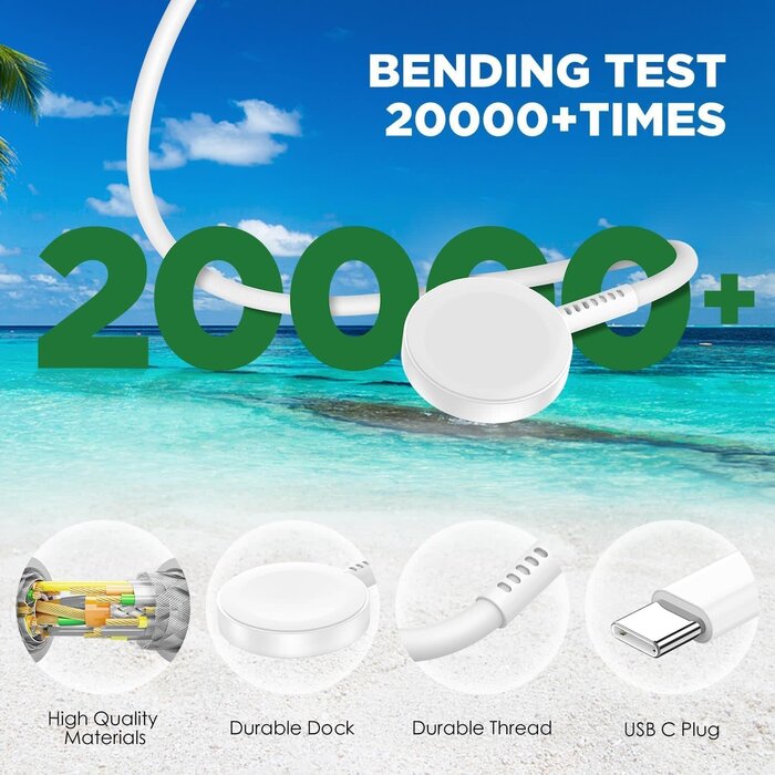 iW-3FT-W - Hzevn Apple Watch Charger Cable, 3FT USB-C to Magnetic Wireless Fast i-Watch Charging Cord [Portable], Compatible with iWatch Series Ultra10/9/8/7/6/SE/SE2/5/4/3/2 - White