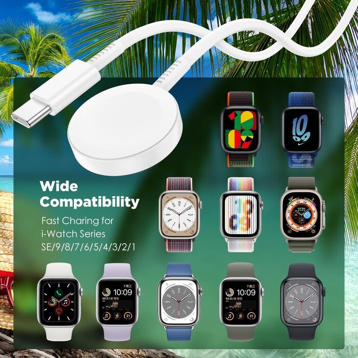 iW-3FT-W - Hzevn Apple Watch Charger Cable, 3FT USB-C to Magnetic Wireless Fast i-Watch Charging Cord [Portable], Compatible with iWatch Series Ultra10/9/8/7/6/SE/SE2/5/4/3/2 - White