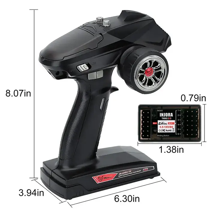INJORA INT-T6FG - INJORA T6F 6CH T6DC+T6DCG with Gyro 2.4GHz RC Digital Transmitter with Receiver for RC Car Boat Tank, 1/8-1/10 Scale