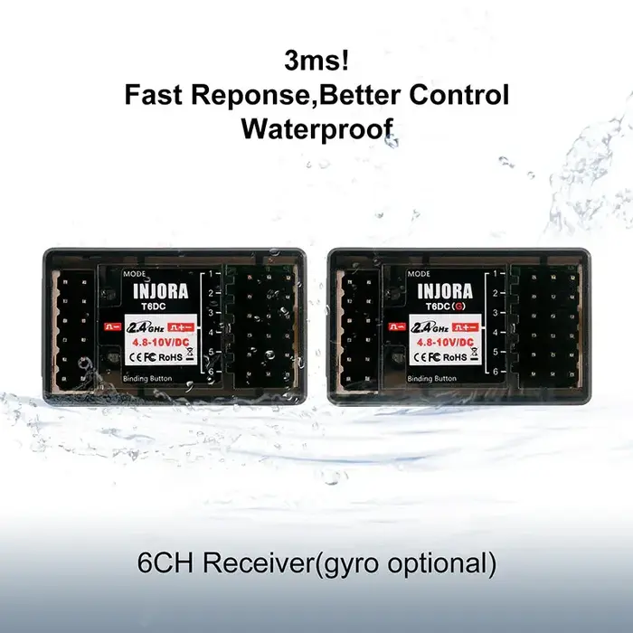 INJORA INT-T6FG - INJORA T6F 6CH T6DC+T6DCG with Gyro 2.4GHz RC Digital Transmitter with Receiver for RC Car Boat Tank, 1/8-1/10 Scale