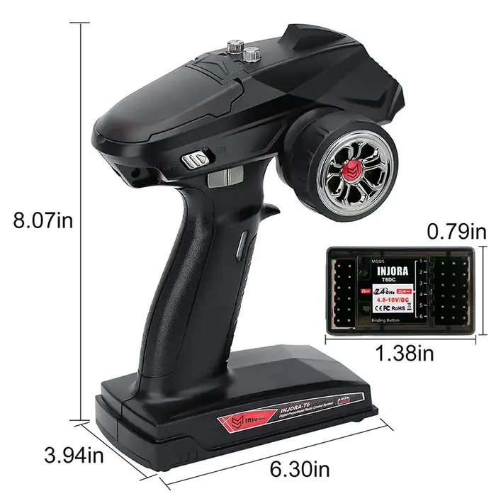 INJORA INT-T6F - INJORA T6F 6CH T6DC+T6DCG 2.4GHz RC Digital Transmitter with Receiver for RC Car Boat Tank, 1/8-1/10 Scale