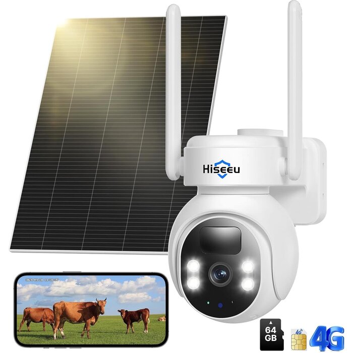 Hiseeu WK-3C70 - Hiseeu 4G LTE Cellular Security Camera Solar Powered, No WiFi Security Cameras Wireless Outdoor, PIR Motion, 2 Way Talk, 360° PTZ, 2K Color Night Vision, 64G SD & SIM Card Included
