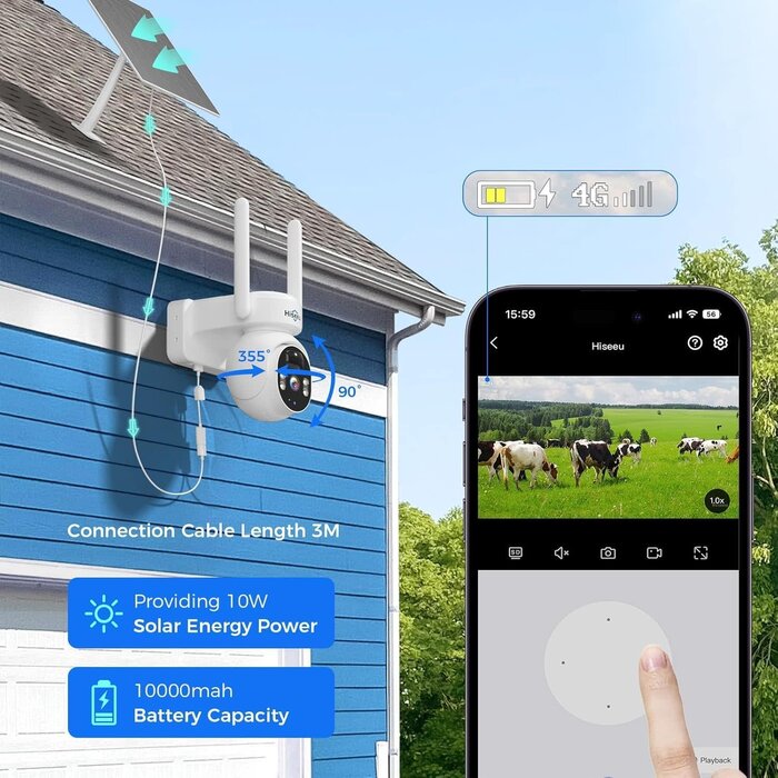 Hiseeu WK-3C70 - Hiseeu 4G LTE Cellular Security Camera Solar Powered, No WiFi Security Cameras Wireless Outdoor, PIR Motion, 2 Way Talk, 360° PTZ, 2K Color Night Vision, 64G SD & SIM Card Included