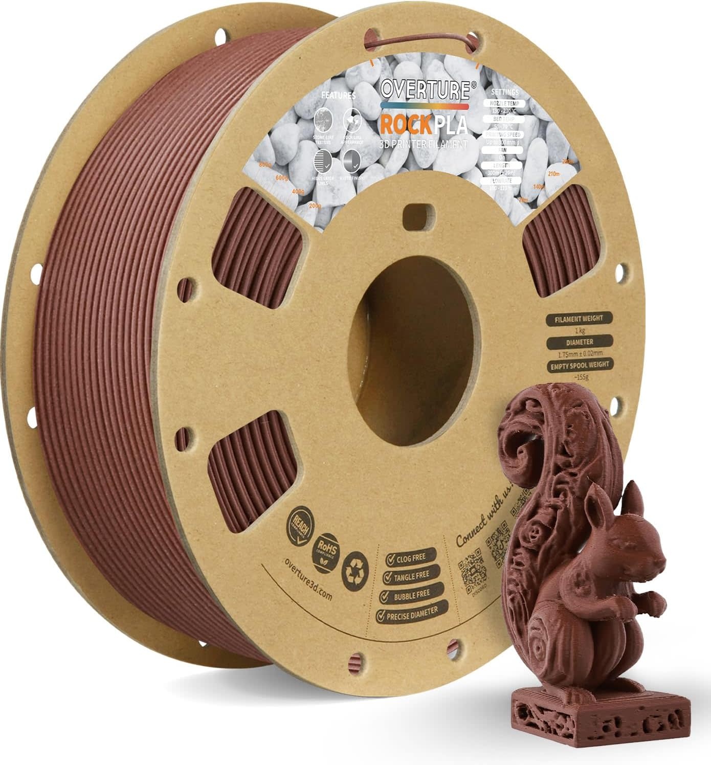 OVPLA-WLNT - OVERTURE Rock PLA Filament 1.75mm, Marble PLA, 1kg Walnut Wood