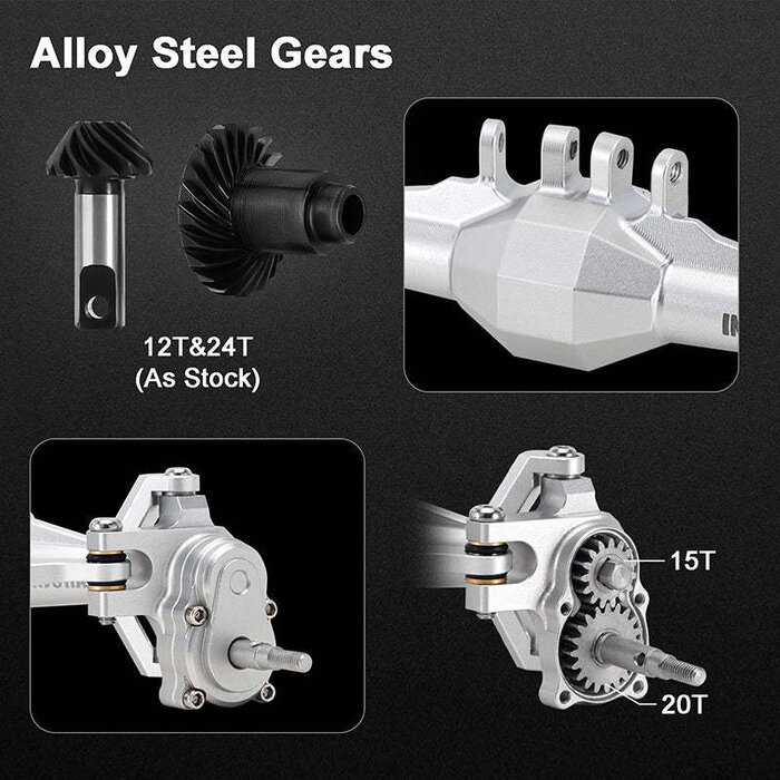 INJORA 4M-104SRFR - INJORA Front & Rear +5mm Diamond Portal Axles with Lay Down Servo Mount & Links for 1/18 TRX4M Upgrade, Silver