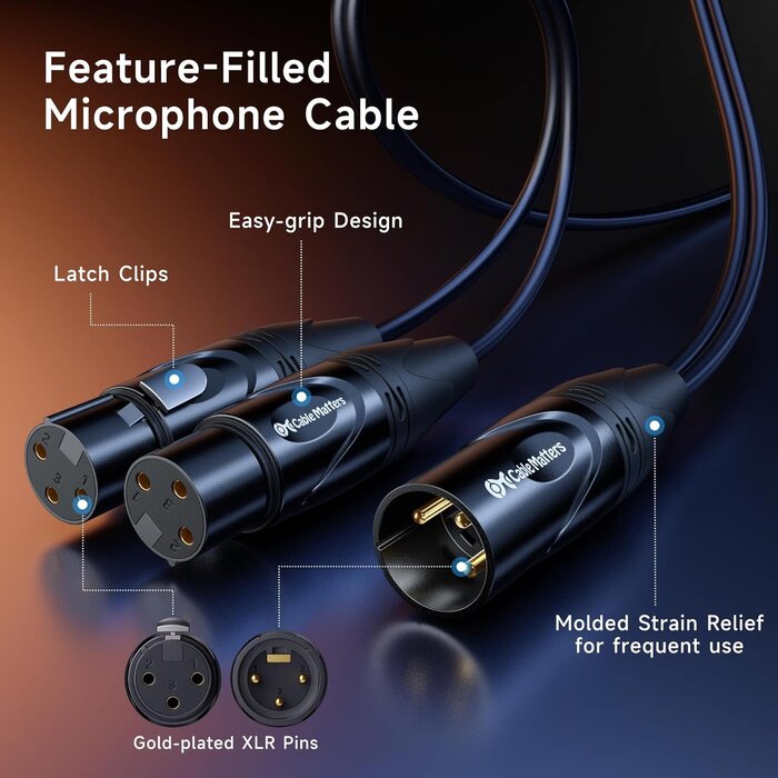 500028 - Cable Matters Balanced XLR Splitter Cable - 1.5ft / 0.5m, Male to 2 Female XLR Y Cable, Microphone Splitter 1 Male to 2 Female