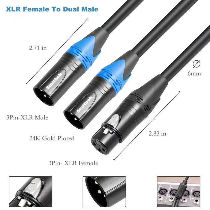 XLR-C22 - Smithok XLR Y Splitter Cable, Female to Dual Male Y Cable (XLR Splitter 1 Female to 2 Male) Balanced Microphone Splitter Cord Audio Adaptor - 1.6ft /0.5m