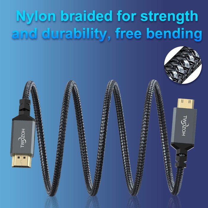 Twozoh MINI-HDMI2HDMI - Twozoh Mini HDMI to HDMI Cable 6.6FT 2 Pack, Nylon Braided HDMI to Mini HDMI Support 3D/4K@60Hz 18Gbps/2160P/1080P for Nikon/Canon DSLR, Camcorder, Laptop, Tablet and Graphics/Video Card