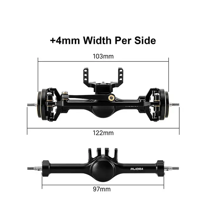 INJORA 4M-120BKFR - INJORA Front and Rear +4mm Planet Axles with Brass Steering Knuckles for 1/18 TRX4M, Black